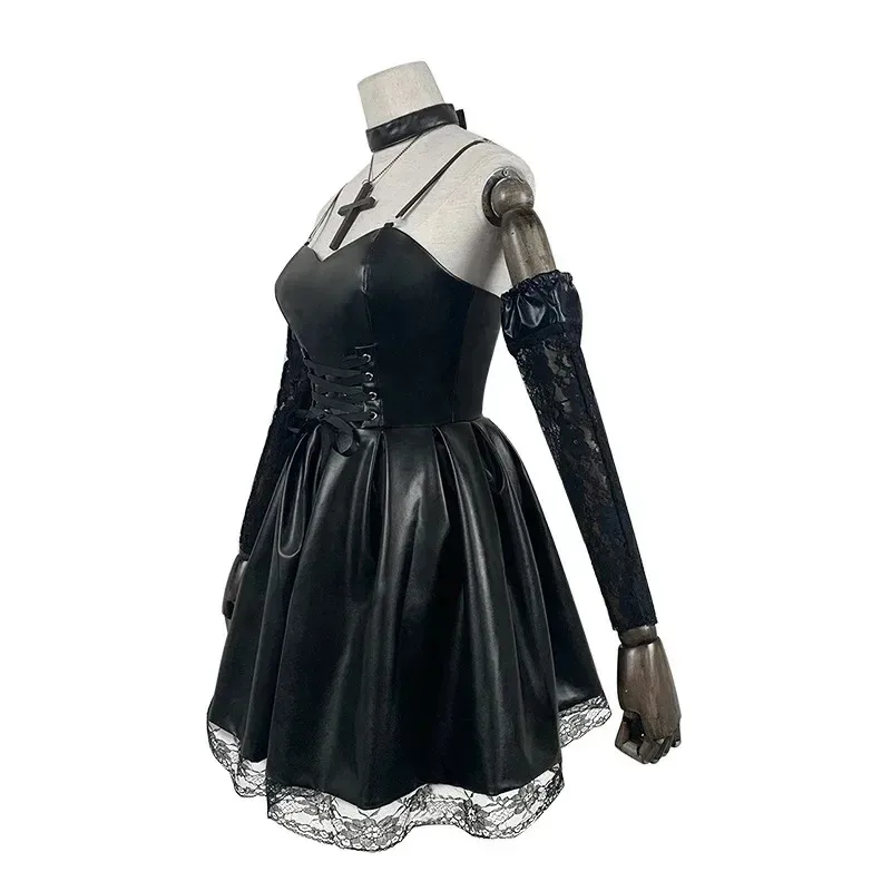 Misa Amane Cosplay Costume Death Note Leather Sexy Dress Outfit with Neck Jewelry Stockings Necklace Uniform Halloween Costume