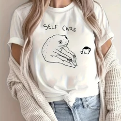 Self Care Funny Frog Graphic Tees Short Sleeve Loose Cotton Women White T shirts O Neck Casual Aesthetic Female Shirts Harajuku