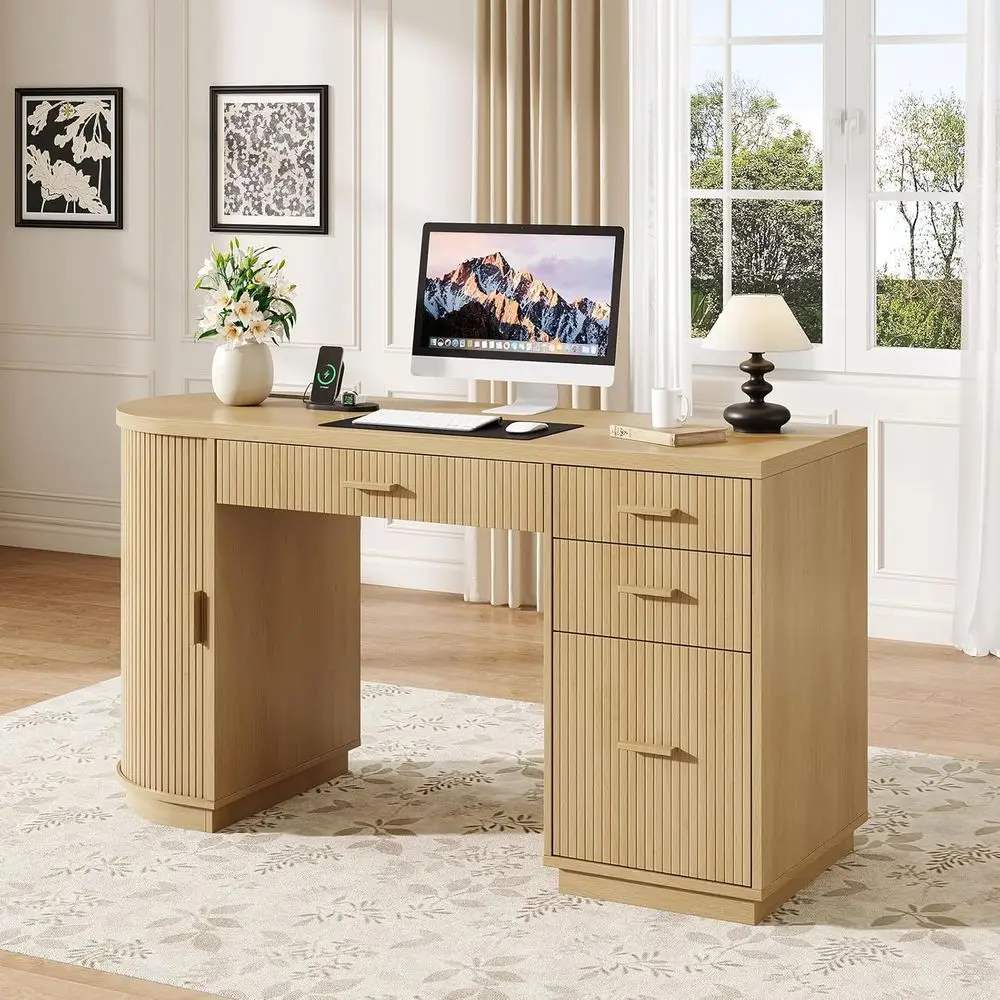 

58 Oak Executive Desk with Storage Drawers and Charging Station for Home Office, Studying, Writing