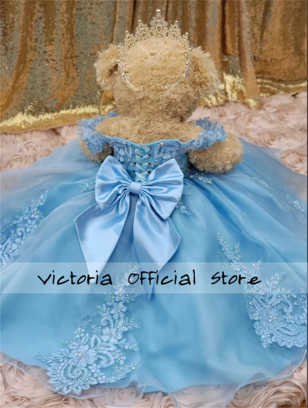 Fine Blue Off The Shoulder Personalized Quinceanera Teddy Bear Dresses Ball Gown Beaded Lace Appliques Sweetheart With Bow