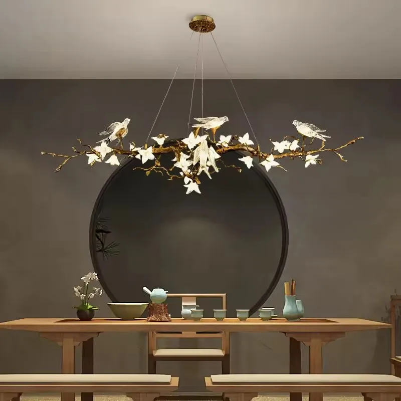 Lámpara de Techo con Motivo de Aves, Lámpara Colgante de Estilo Floral Vintage, Lámpara de Techo de Vidrio para Sala de Estar, Elegante Lámpara de Péndulo Dorada