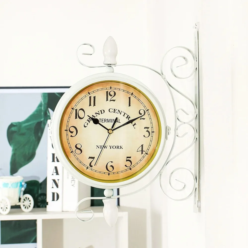 Double Sided Train Station Waterproof Wall Clock White for Garden Retro Wrought Metal Wall Clock Silent Indoor Outdoor Decor