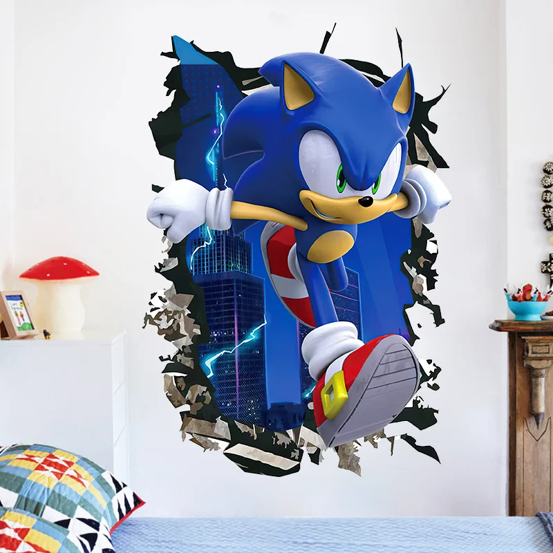 New Sonics Wall Stickers Cartoon Anime 3D Broken Stickers Children Room Decoration Kawaii Wall Stickers Mural Posters Kids Gifts