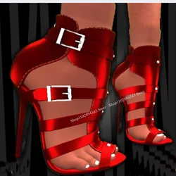 Red Buckle Hollow Sandals Thin High Heel Peep Toe Fashionable Sexy Cool 2025 Summer Big Size Woman Shoes Zapatillas Mujer