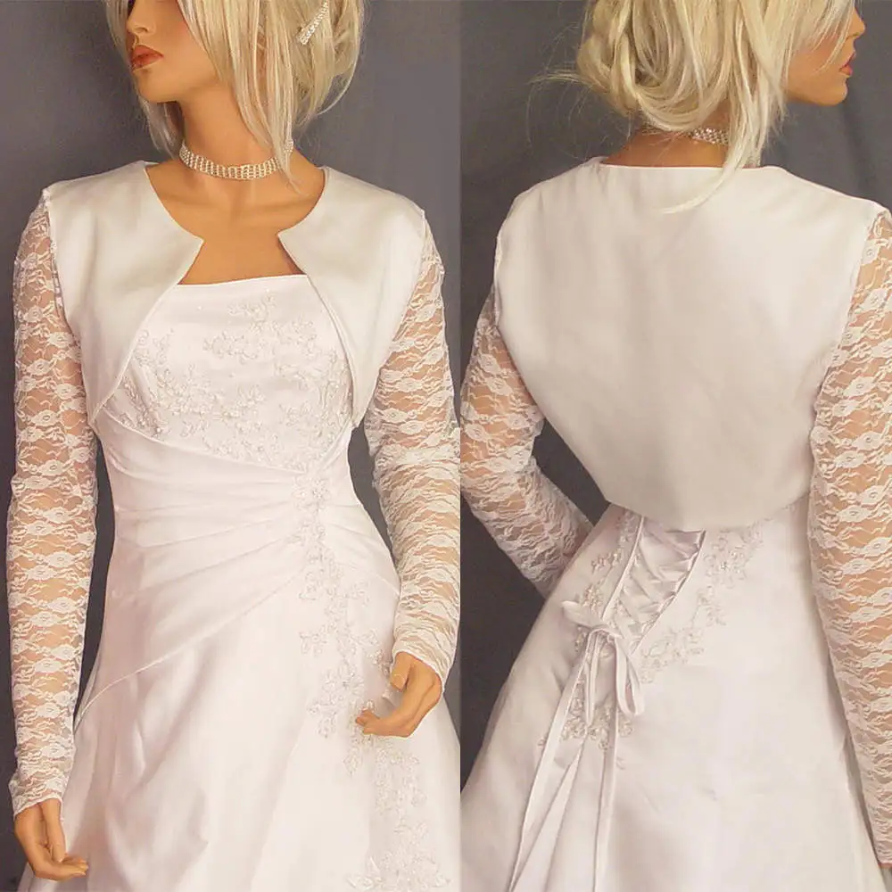 

Unique Long Sleeve Women Jacket O Neck Lace Satin Splicing Bride Bolero For Strapless Bridal Dress Wedding Accessories