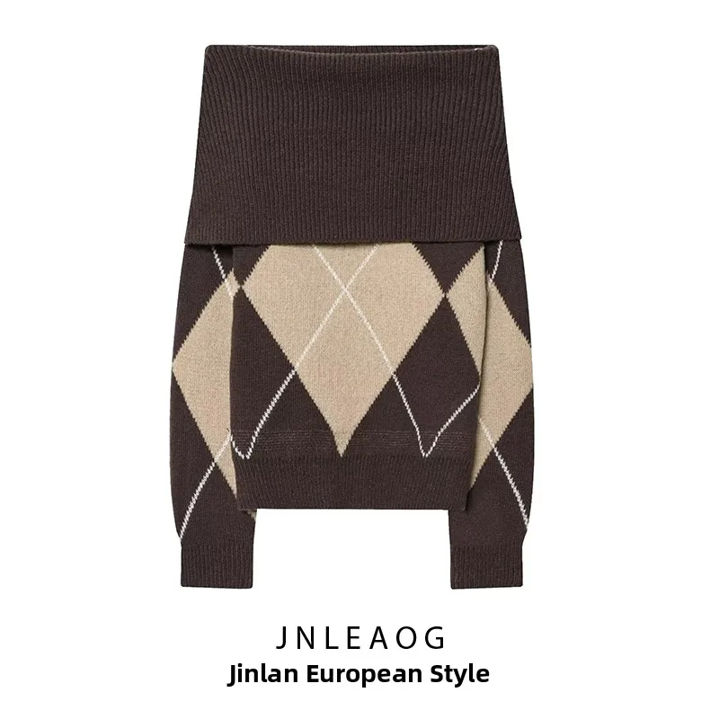 

Модный вязаный топ-свитер JNLEAOG с ромбовидным узором для женщин, уличный стиль, длинный рукав, полиэстер