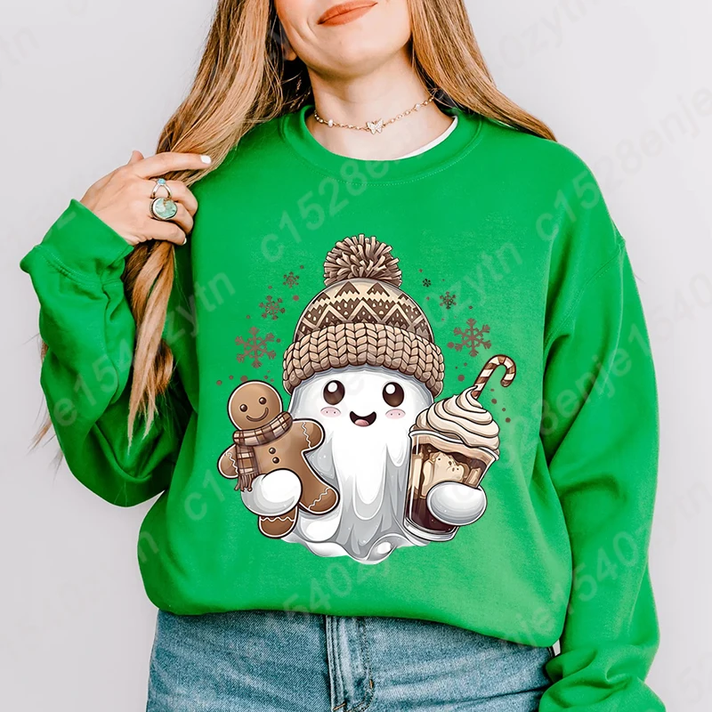 Christmas Ghost Gingerbread Coffee Pullovers Autumn Winter Creative Personalized Tops Ladies Casual Sweatshirts O Neck Pullovers