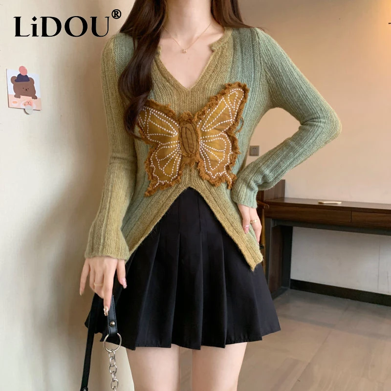 

autumn winter streetwear bow applique slit knitting top women casual fashion all-match bottoming sweater ladies gradient jumpers