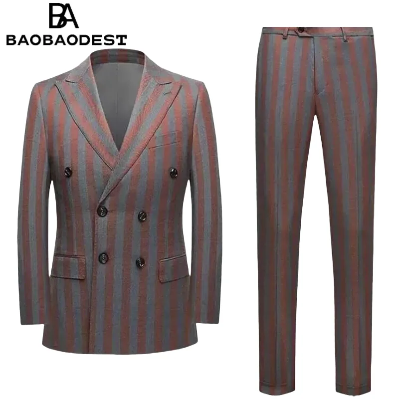 

Men's 2- picec Striped Peak Lapel Suit Set - Double-Breasted Wedding Tuxedo with Jacket & Pants (Custom Size) Tailored Fit
