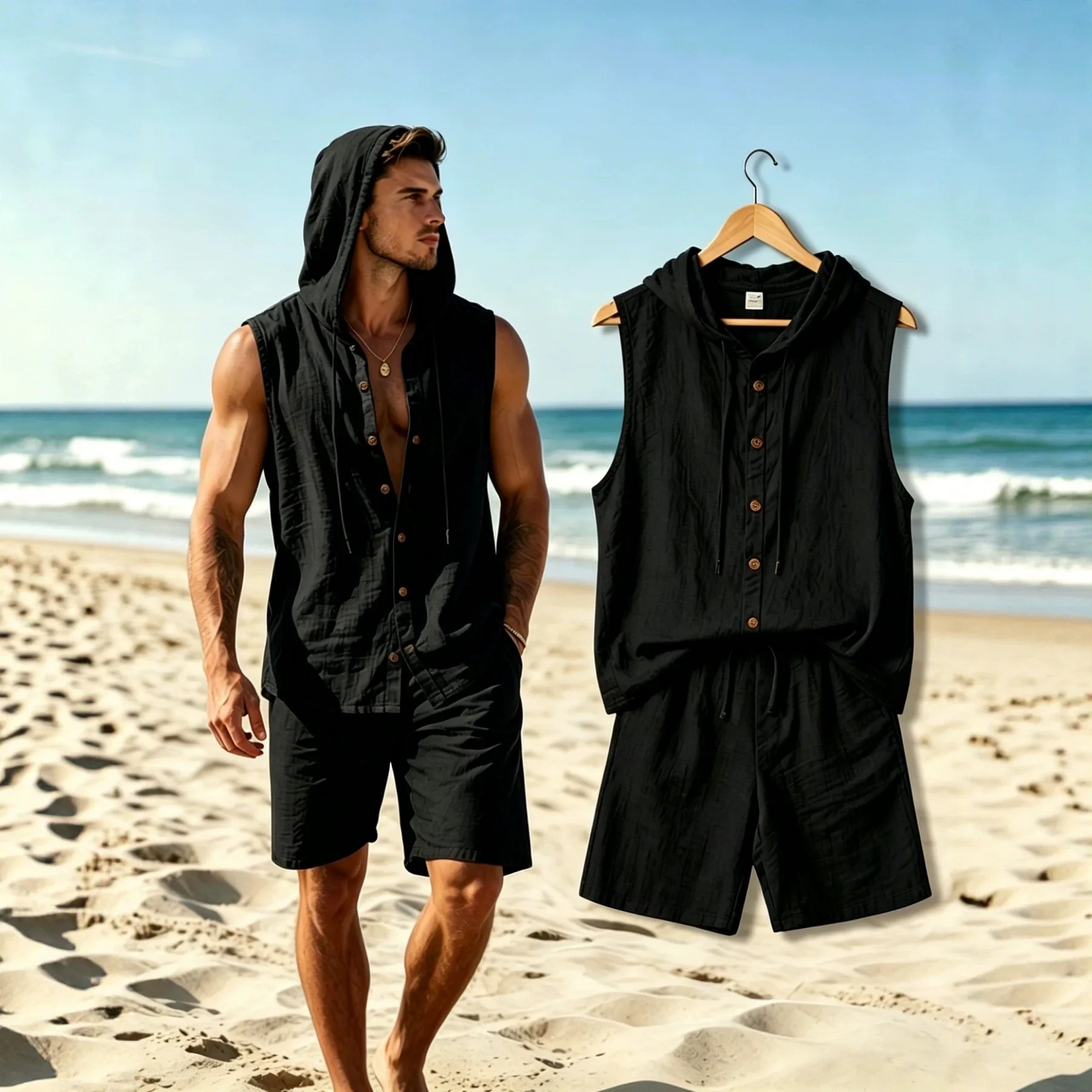 Nuevo conjunto de verano para hombre, chaleco sin mangas de lino, conjunto deportivo con sudadera con capucha, camiseta y pantalones cortos, conjunto de dos piezas holgado y ligero.