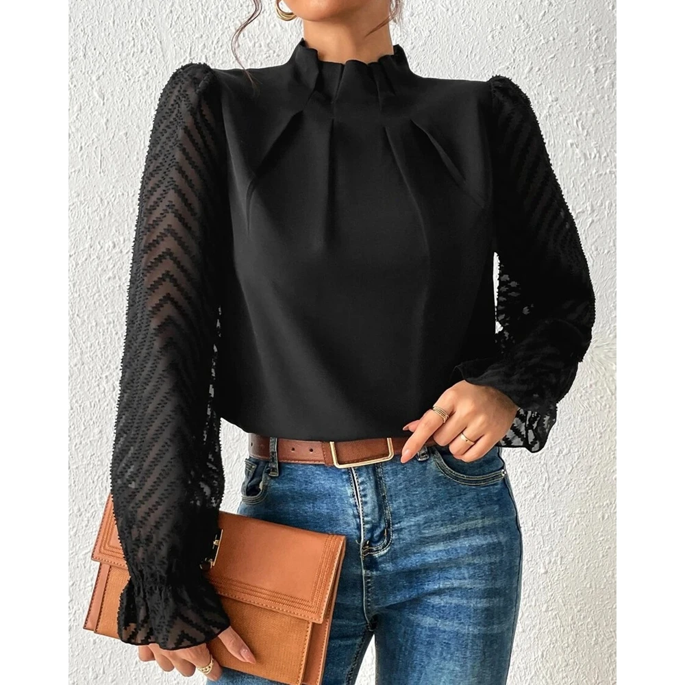 Spring Autumn Women Stand Neck Sheer Mesh Patchwork Chiffon Top Female Elegant Long Sleeve Blouse Office Workwear Korean Style