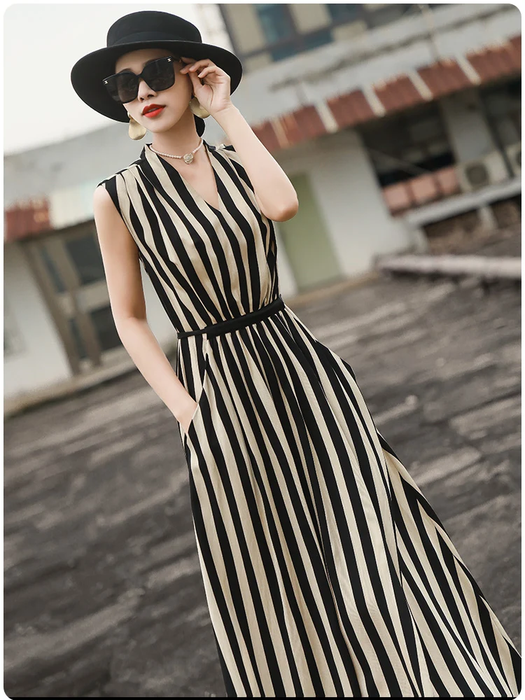 High Quality Elegant and Comfortable Summer New Women's V-Neck Rayon Linen Mixed Fabric Striped Sleeveless+Belt Dress S-XL