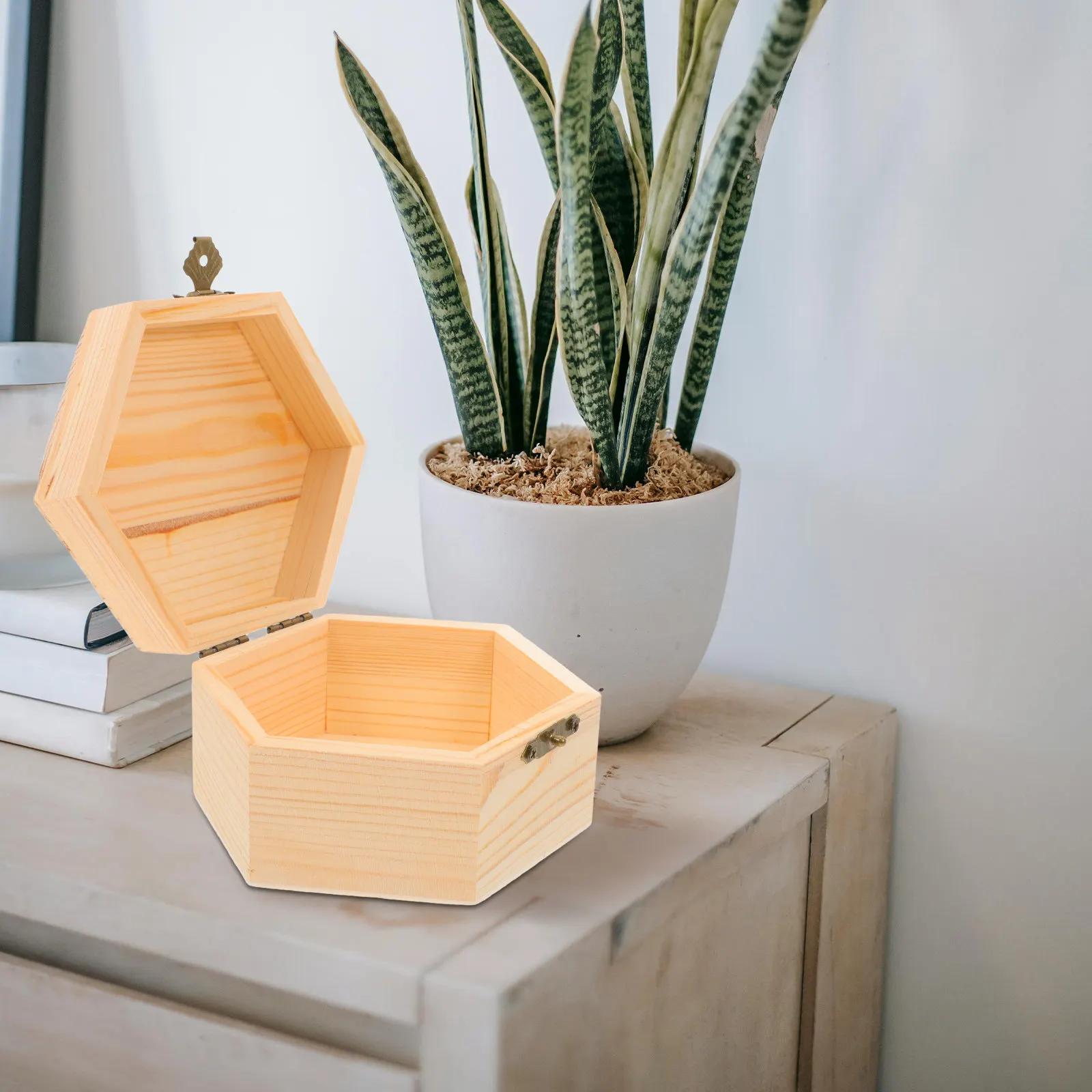 Unfinished Wooden Jewelry Box Hexagonal Small Craft Box with Hinged Lid DIY Storage for Jewelry Rings Earrings Trinkets
