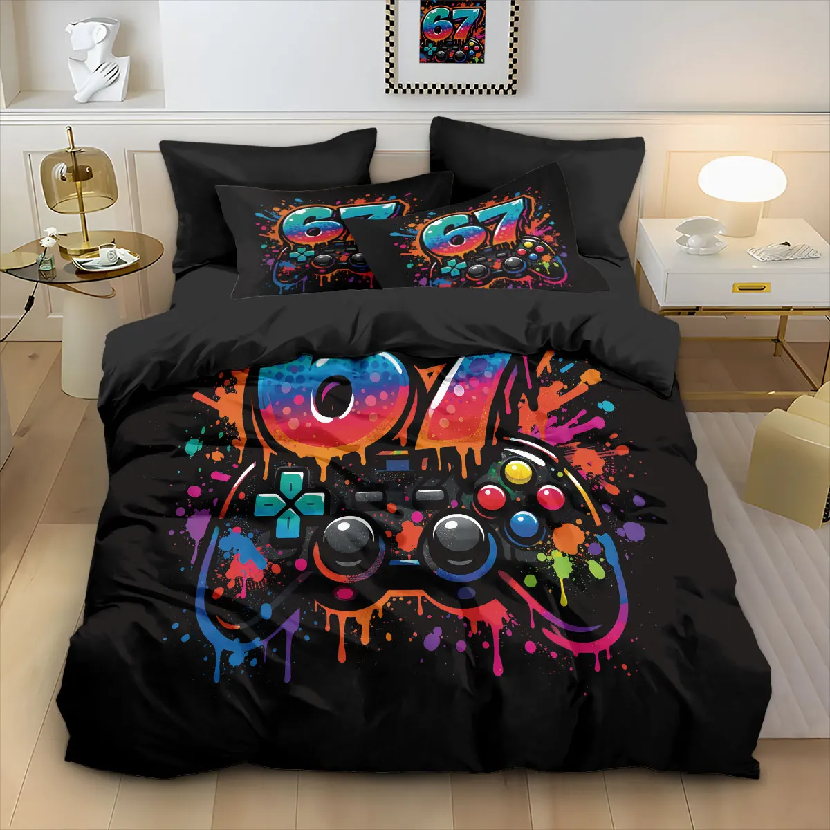 3pcs Graffiti Style Game Controller 67 Element Printed Coreless Down Duvet Cover Set, Multi Size Bedroom Bedding Decoration view 6