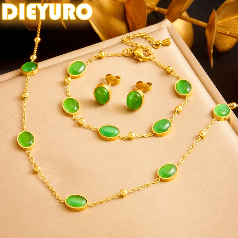 

DIEYURO 316L Stainless Steel Green Oval Rhinestone Necklace Earring Bracelet Suit Trend Non-fading Elliptic Geometry Jewelry Set