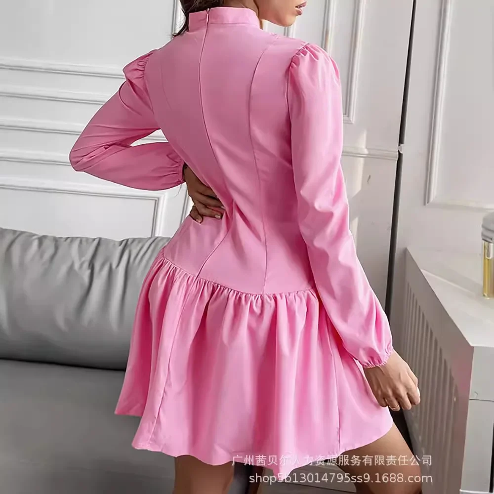 Women Dress Pink Mid Length Dresses A Line Pleated Summer Y2k Slim Round Neck Party Ruffles High Waist Elegant Party Vestidos