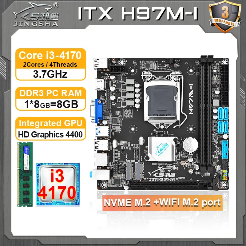 JINGSHA H97 mini itx motherboard LGA 1150 Kit core i3-4170 CPU 8GB DDR3 RAM DDR3 placa base LGA1150 DDR3 itx mainboard Combo Set