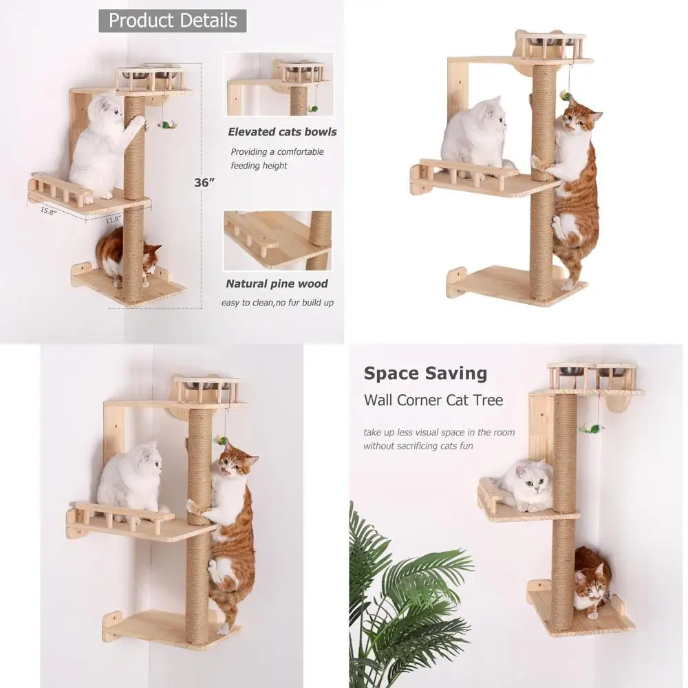 

3-х уровневое домашнее кошачье дерево с зонами для кормления, 36-угловой деревянный окунь и альпинистская башня