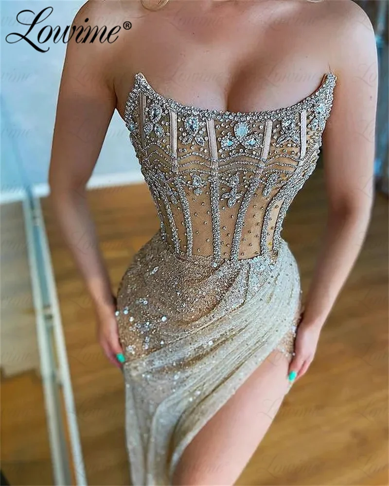 Hot Sexy Champagne Party Dresses Strapless With High Split Side Women Prom Dress Customize Crystals Floor Length Evening Gowns