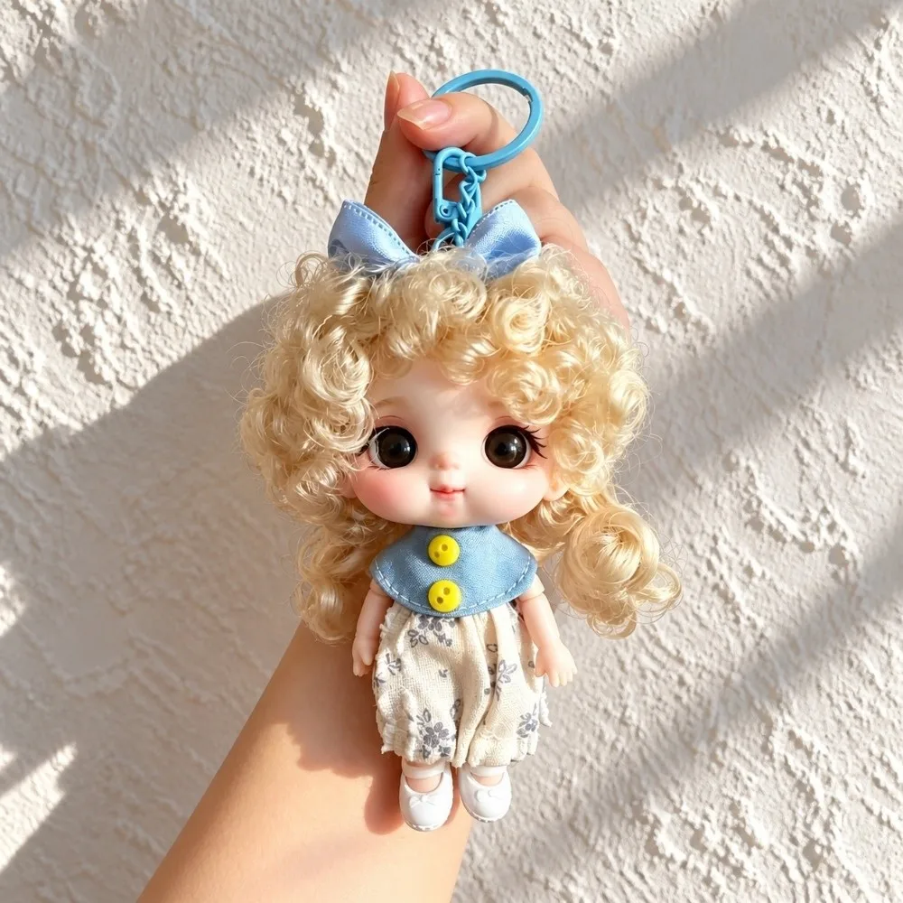 10CM Curly-Haired Doll Keychain Movable Joints Wearable Outfit Mini Doll Pendant Versatile Long Hair Bag Charm Doll