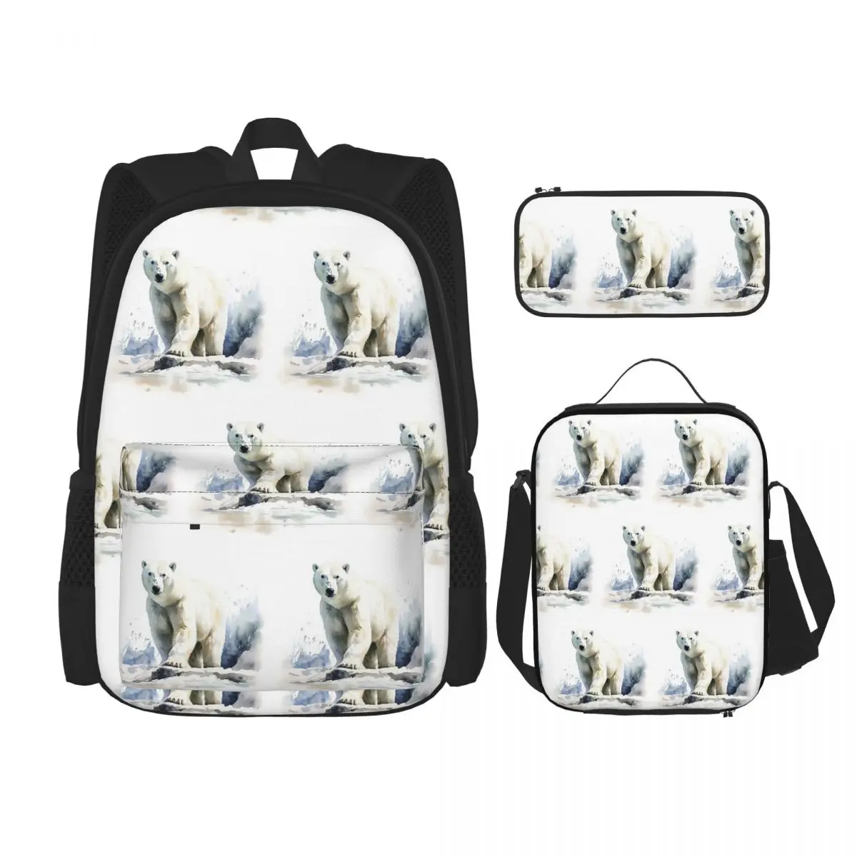 Watercolor Standing In The Snow Polar Bear Backpacks Boys Girls Bookbag School Bags Rucksack Lunch Bag Pen Bag Three-Piece Set