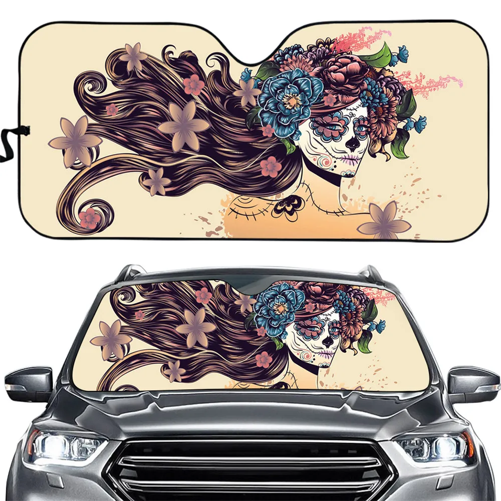 INSTANTARTS Day of the Dead Sugar Skull Design Car Sun Shade UV Protection Large Size Auto Sunshade Front Window Car Accessories