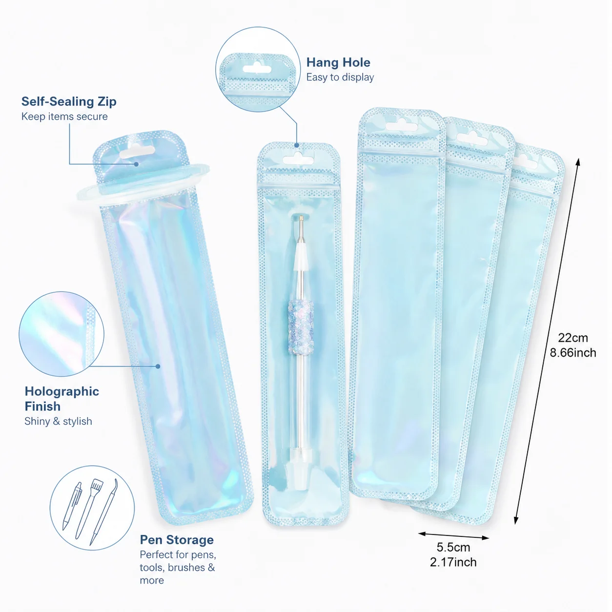 50 Stück holografische Verpackungsbeutel, bunte wiederverschließbare Plastiktüten mit Aufhängeloch für DIY-Perlenstifte, Schmuck und kleine Bastelarbeiten – Detail 3