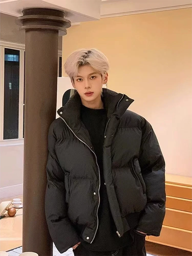 

Thiened Bla Stand Collar PU Leather Cotton Jaet Men's Winter ort Coat Tee Resistant Stand Fit Youth Faion