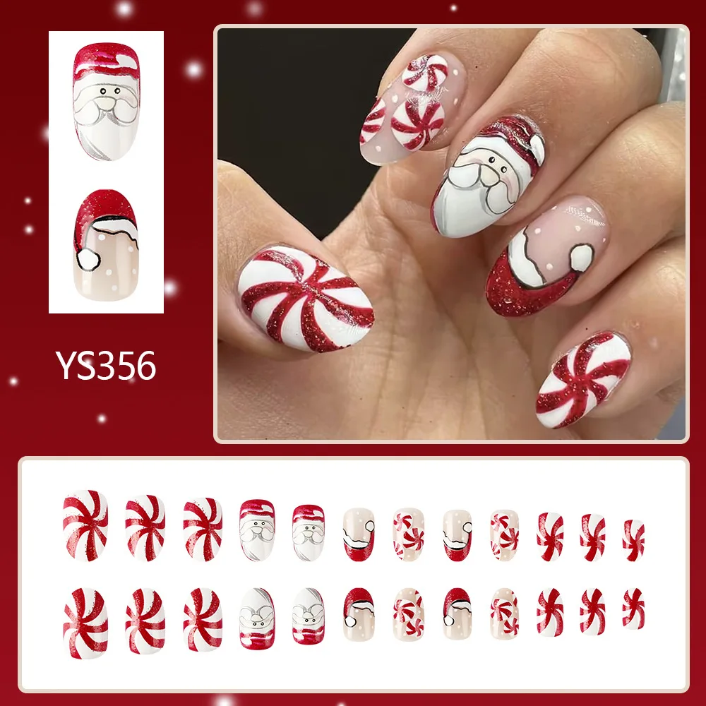 24 pçs papai noel remendos de unhas falsas glitter vermelho estilo francês chapéu de natal projetos imprensa em unhas wearable amêndoa manicure para festa