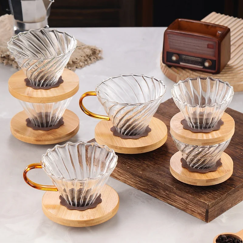 

Wholesale Coffee Maker Funnel Glass Cone Coffee Dripper with Wooden Rack Coffee Filter
