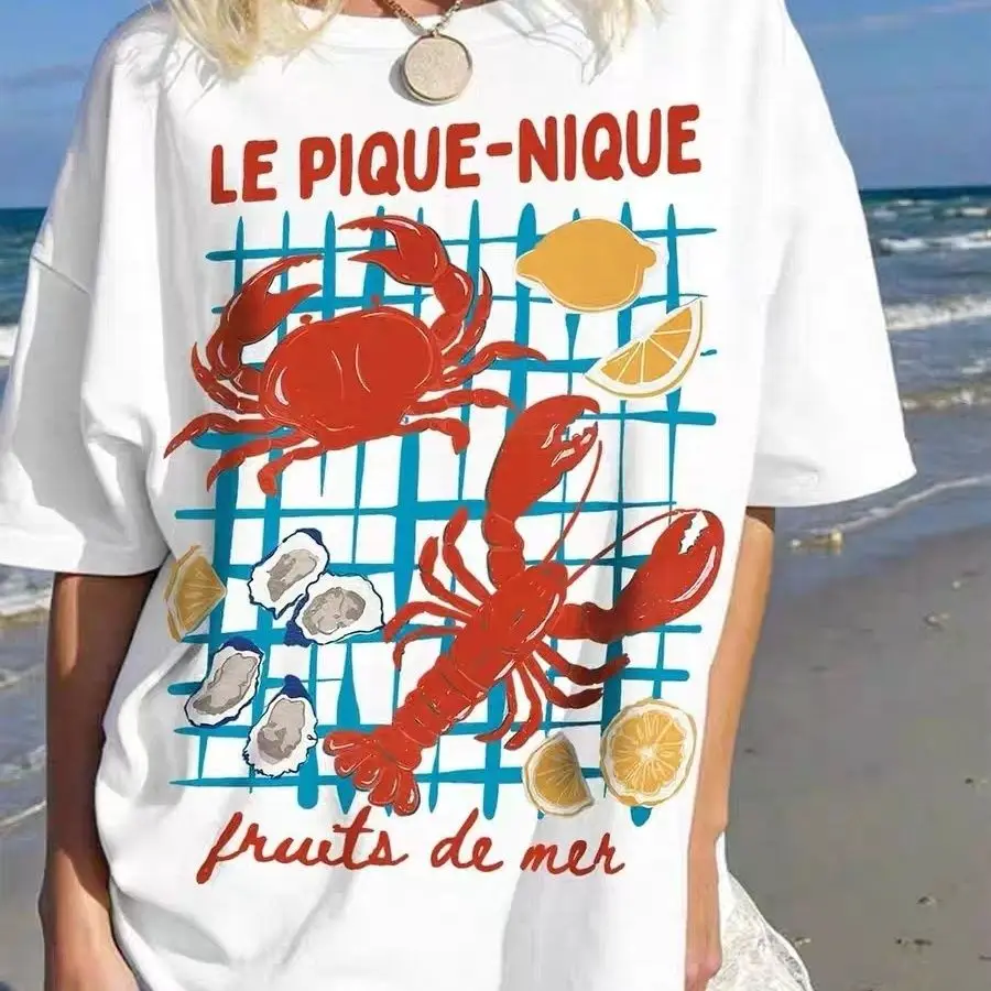 Trendy French Seafood Graphic T-Shirt Women, Crab Lobster Oyster Print Summer Beach Casual Tee, Retro Fruits De Mer Picnic Top