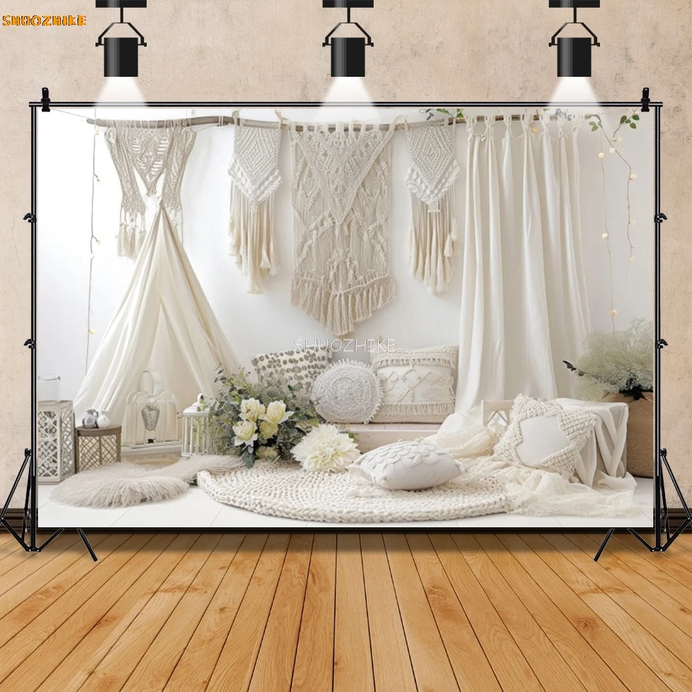 White Tassels Tent Backdrop For Photography Baby Shower 1st Birthday Party Bohemian Background Indoor Decoration Photo Studio