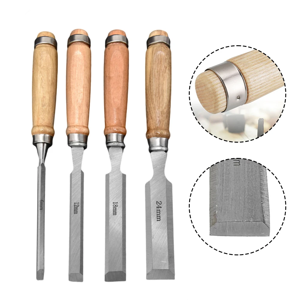 Professional Woodworking Chisel Set 4Pcs Carbon Steel Blades Polished Wood Handles Suitable for Artists and Carvers