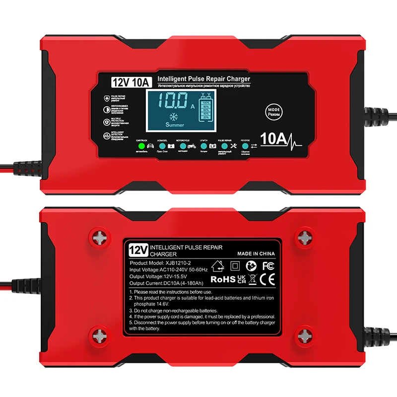 Pengisi Daya Baterai Mobil dan RV 12V 10A Pengisian Cerdas Klip Buaya Layar LCD Untuk Lifepo4 Asam Timbal AGM GEL