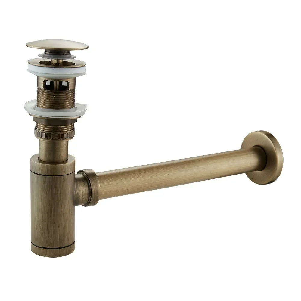 Basin Pop Up Drain Antique Brass Bottle Trap Bathroom Sink Siphon Drains with Pop Up Drain Kit P-TRAP Pipe Waste Hardware