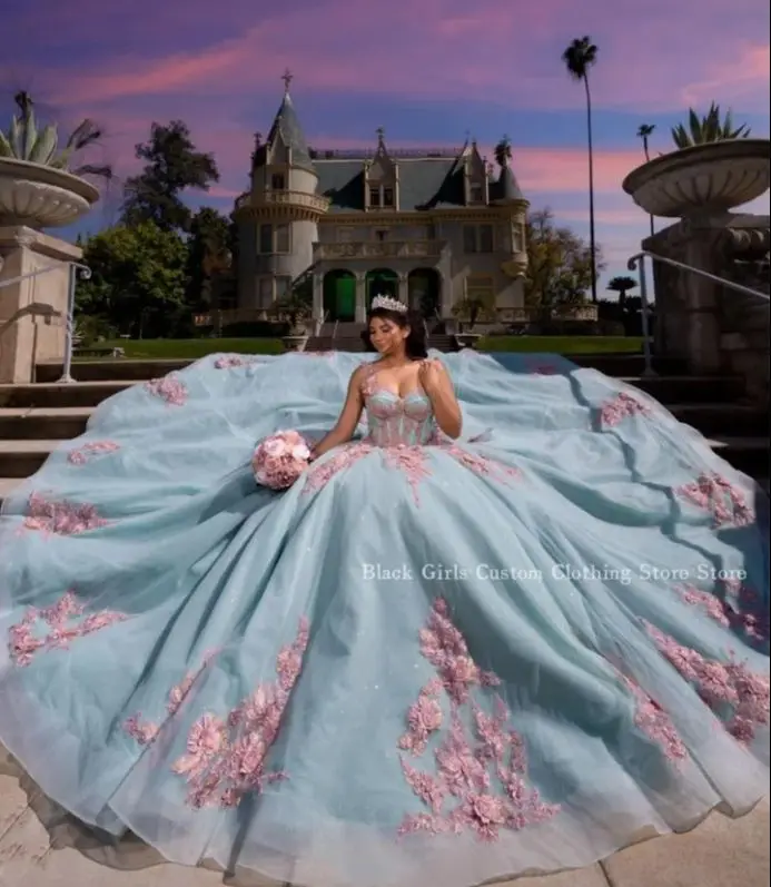 Gorgeous powder blue Quinceanera Dresses 2024 Halter Boned Corset Tulle Floral Applique Beaded Cathedral Train Mexico vestidos