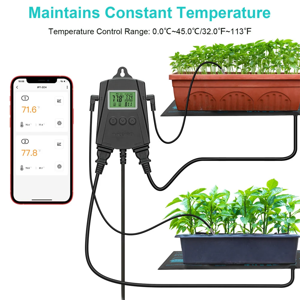 Regolatore di temperatura IPT-2CH INKBIRD connessione wi-fi doppio relè di controllo termostato tappetino di calore con allarme di temperatura per