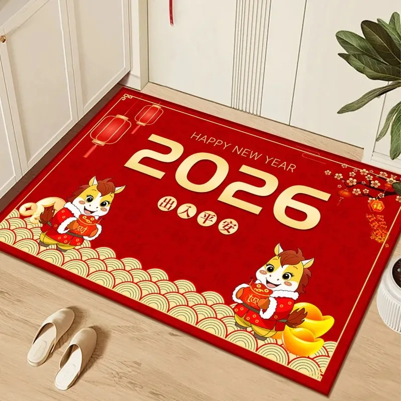 2026 Dragon New Year Lucky Welcome Mat Chinese Zodiac Horse Design with Auspicious Symbols Red Entrance Rug for Home Decor
