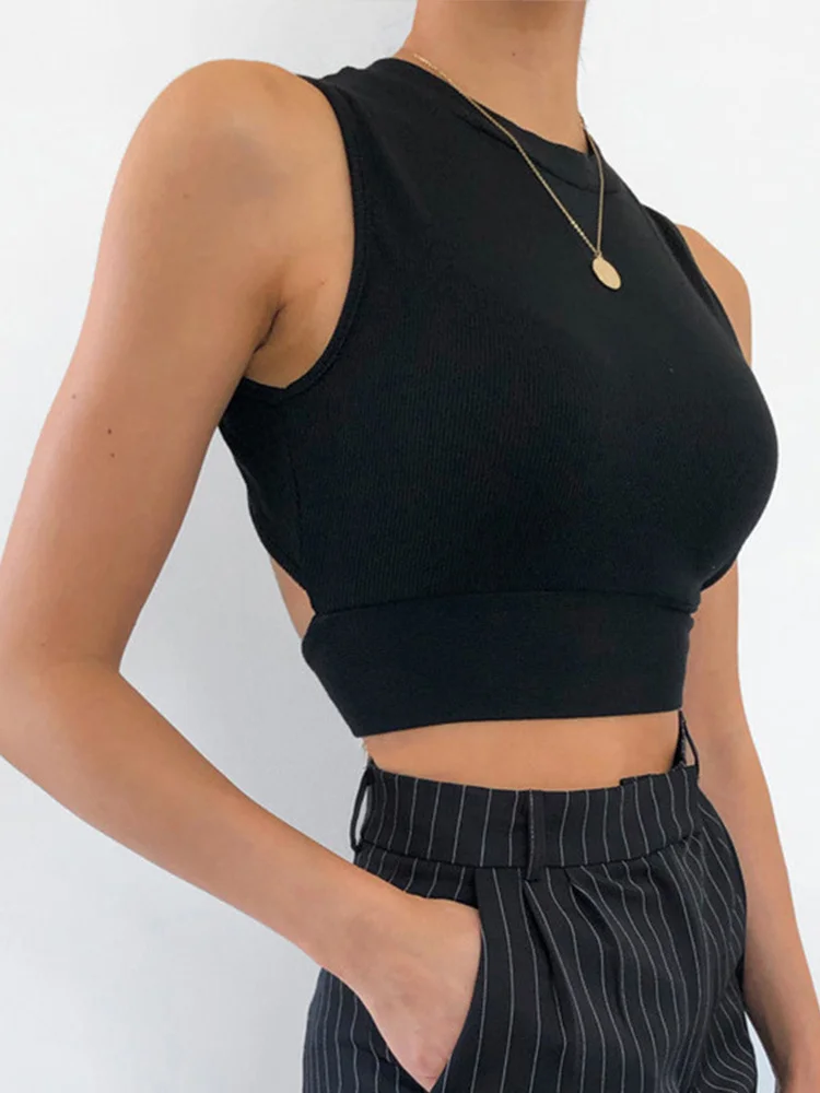 Sexy backless women tank top bandage slim crop top summer 2024 casual streetwear tops solid cotton soft criss cross top