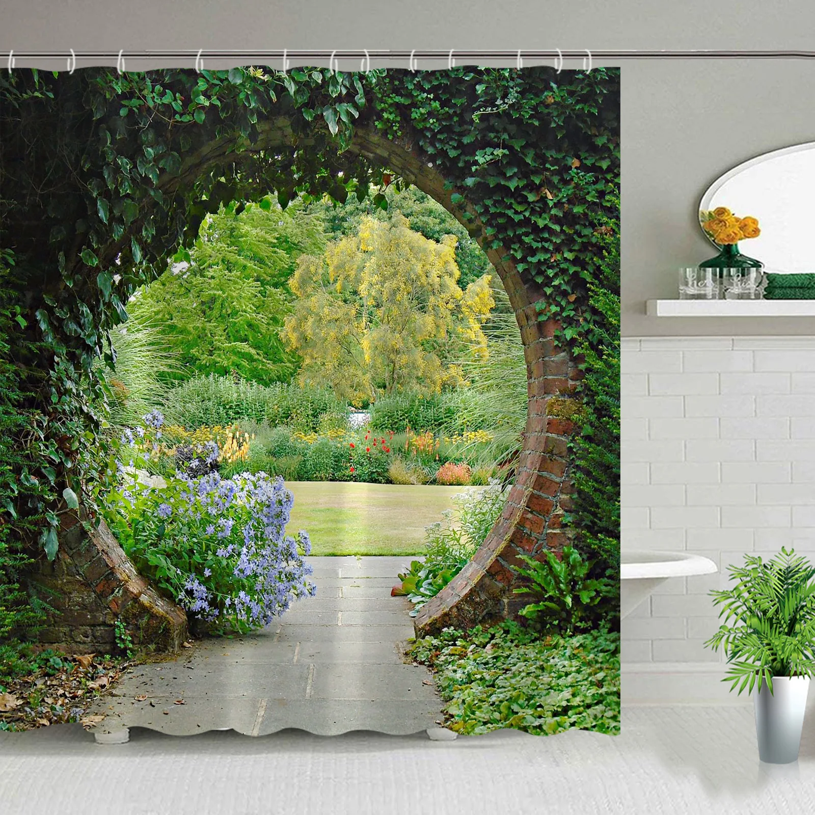 Cortina de ducha de paisaje de jardín 3D, caminos de madera, arco europeo, hermoso paisaje de fantasía, tela, cortinas decorativas para baño, gancho