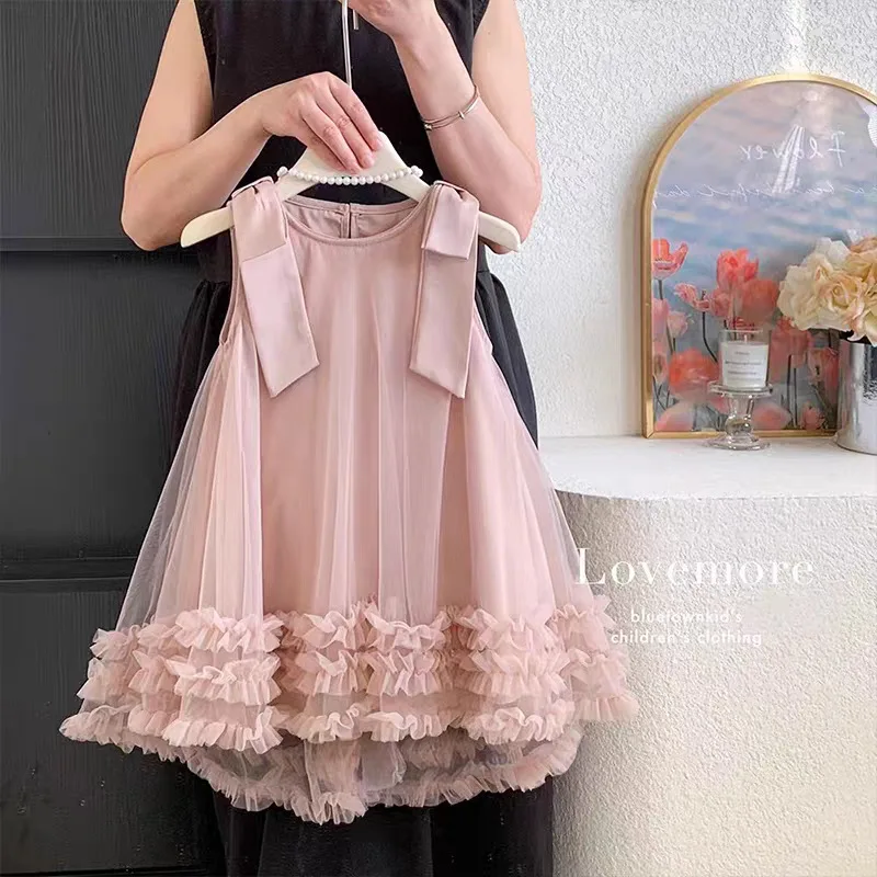 Stylish summer dress for girls2026New children's bowknot mesh princess dress for girls