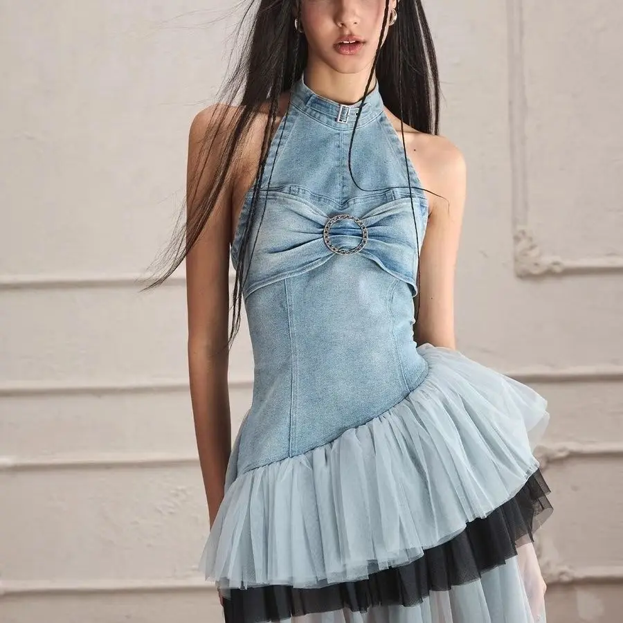 

Cutout Mesh Contrast Denim Dress Summer New Asymmetrical Ballet Core Puff Skirt Siren Silhouette Coquette AestheticTrendEuphoria
