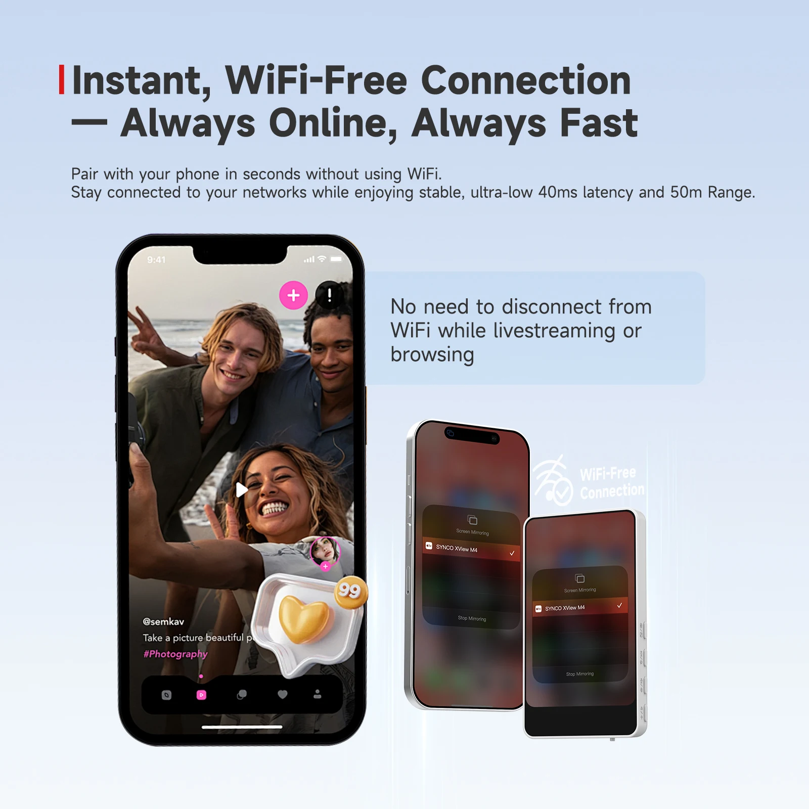 شاشة مراقبة سيلفي للهاتف المغناطيسي اللاسلكي SYNCO XView M4 للهواتف الذكية وتسجيل الفيديو المباشر لصور السيلفي