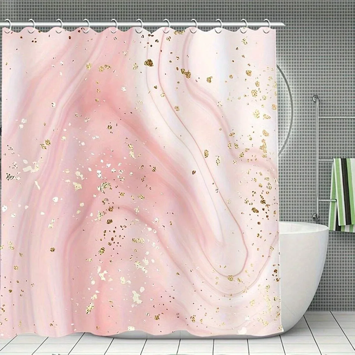 

1pc Pink Marble Gilding Shower Curtain, Water-resistant Shower Curtain With Plastic Hooks, Bathroom Accessories,