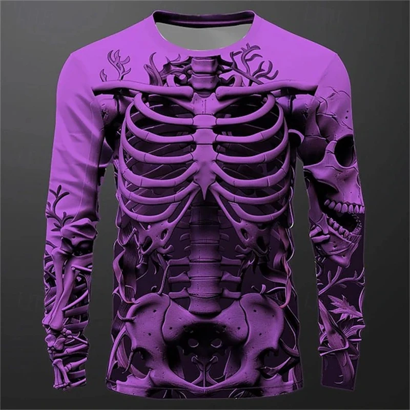 3D Print Skeleton Skulls Pattern T Shirts Men Long Sleeve Casual Fashion T-shirt Top Sweatshirt Breathable Streetwear Loose Tees