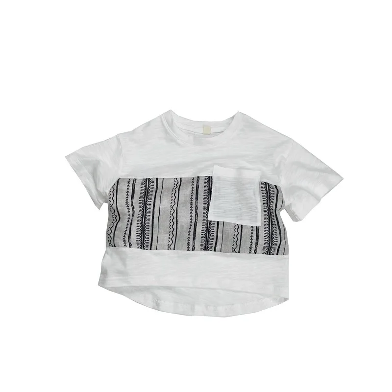 Korean version children's short sleeved T-shirt summer new item boys' round neck cotton versatile pocket splicing striped top