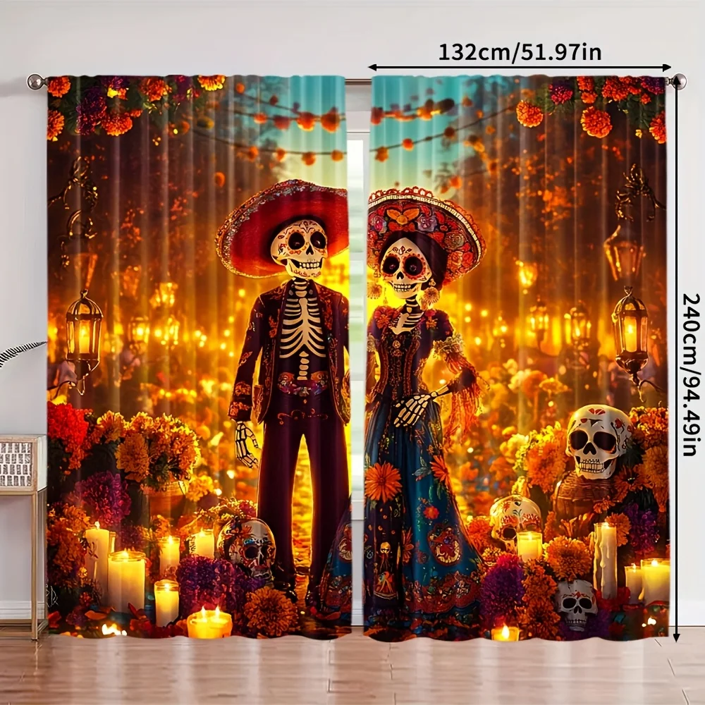 2 Cortinas con Estampado del Día de Muertos, Diseño de Calavera Mexicana y Flor de Caléndula, Estilo Festivo, Cortinas de Poliéster para Ventana