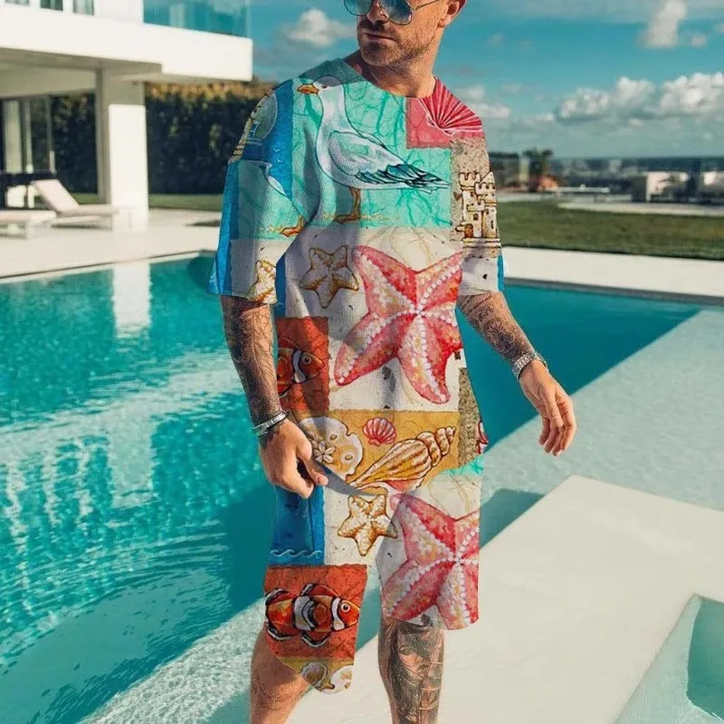 

2025 г. Гавайский модный мужской костюм с 3D принтом морской звезды и круглым вырезом, повседневные повседневные шорты с короткими рукавами, уличная одежда