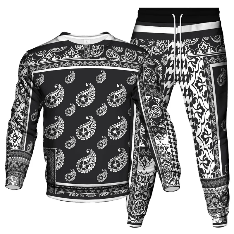 Cashew Flower Paisley Pattern Print New Men Fashion Tracksuit Sweatshirt Jogging Pants 2 Piece Set Clothing Outdoor Casual Suit