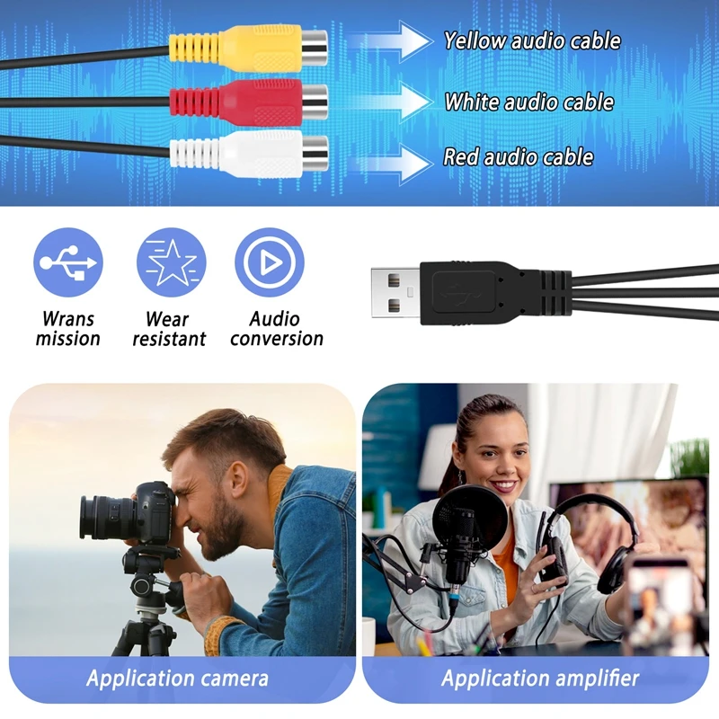 USB To 3RCA Cable USB Female To 3 RCA Rgb Video AV Composite Adapter Converter Cable Cord Connector Lead For TV PC DVR